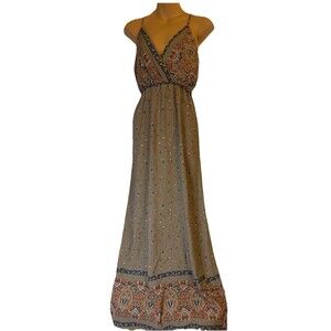 Tyche Boho Women Halter Floral Maxi Dress 25” Waist Tan Floral Hippie Summer